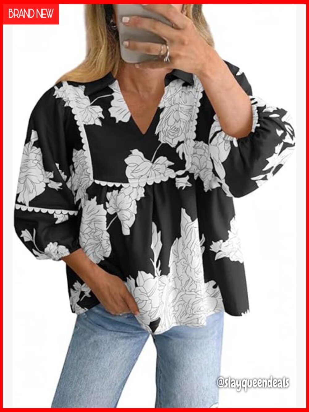 Floral Peplum Babydoll Top with 3/4 Puff Sleeves Loose Fit Boho Blouse